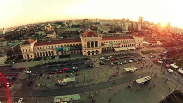 Atardecer en la Estación Central de Zagreb - aéreo — Vídeos de Stock