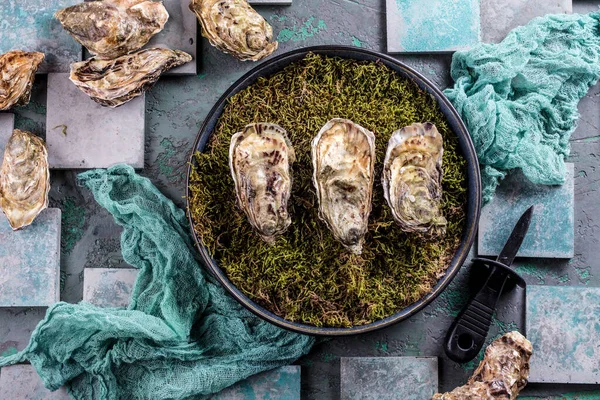 Top View Delicious Oysters Rustic Table — Stock Photo, Image