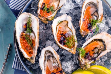 Limonlu, otlu ve somon havyarlı lezzetli istiridye manzarası..