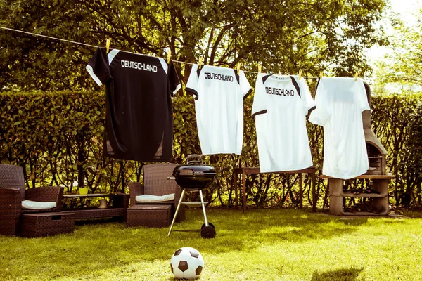 Camisetas Fútbol Alemanas Jardín Tendedero Día Verano Concepto Campeonato Fútbol — Foto de Stock