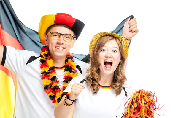 Couple Enthusiastic German Sport Soccer Fans Celebrating Victory — Stock Photo, Image