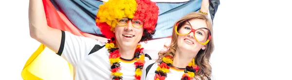 Pareja Entusiastas Aficionados Fútbol Deportivo Alemán Celebrando Victoria Sobre Fondo —  Fotos de Stock