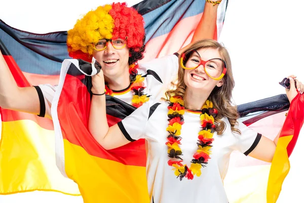 Couple Enthusiastic German Sport Soccer Fans Celebrating Victory White Background — Stock Photo, Image