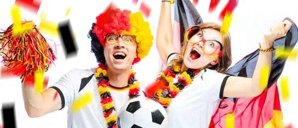 Ein Paar Begeisterte Deutsche Fußballfans Feiern Den Sieg — Stockfoto