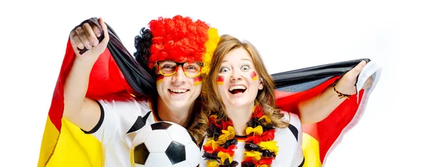 Para Entuzjastycznych Niemieckich Kibiców Piłki Nożnej Świętujących Zwycięstwo — Zdjęcie stockowe