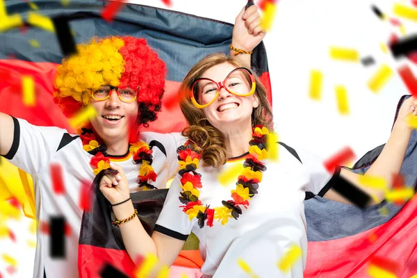 Couple Enthusiastic German Sport Soccer Fans Celebrating Victory White Background Stock Picture