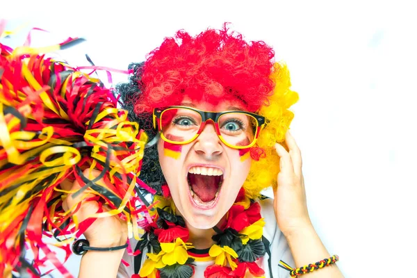 Young Enthusiastic Woman Sport Soccer Fan German Soccer Fan Celebrating — Φωτογραφία Αρχείου