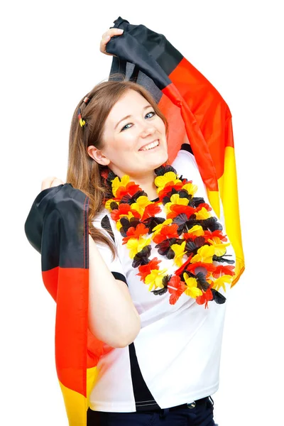 Young Enthusiastic Woman Sport Fan Немецкий Футбольный Фанат Празднует Победу — стоковое фото