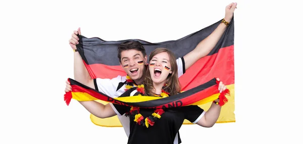 Couple Enthusiastic German Sport Soccer Fans Celebrating Victory German Young — Stock Photo, Image