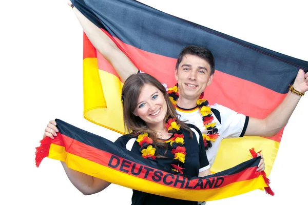 Couple Enthusiastic German Sport Soccer Fans Celebrating Victory German Young — Stock Photo, Image