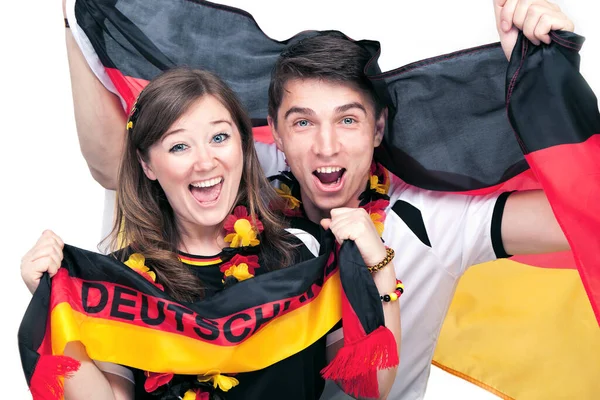 Para Entuzjastycznych Niemieckich Kibiców Sportowej Piłki Nożnej Świętujących Zwycięstwo Niemiecka — Zdjęcie stockowe
