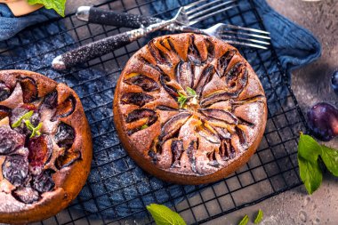 Lezzetli meyveli turtalar, masada erikler, üst manzara.