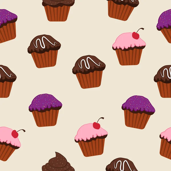 Delicious cupcakes pattern, cartoon — Stock Vector