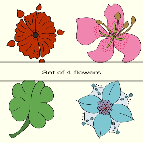 Set de patru flori pe un contur de fundal deschis desenat — Vector de stoc