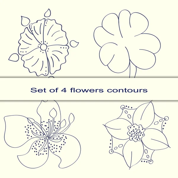 Conjunto de cuatro flores sobre un contorno de fondo ligero dibujado — Archivo Imágenes Vectoriales