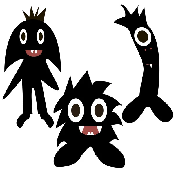 Divertidos monstruos pintados de negro, silueta, bonito, simple — Vector de stock