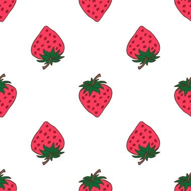 Pembe çilek ile sorunsuz arka plan. Sevimli vektör çilek deseni. Yaz meyve illüstrasyon nane lekeli zemin üzerine.