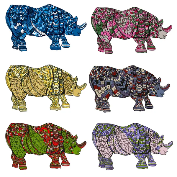 Носорог. Ручной рисунок носорога с рисунком этнических цветочных каракулей. Страница раскраски - зендала, дизайн для медитации для взрослых, векторная иллюстрация, изолированная на белом фоне. Дзен-дупель . — стоковый вектор
