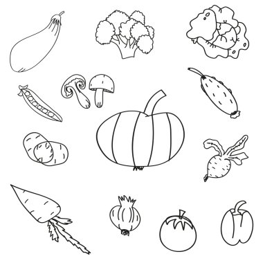 Çeşitli karalamalar ayarla, el çekilmiş kaba basit çizimler farklı sebze.