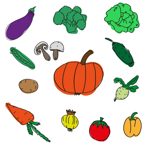 Set di vari scarabocchi, disegnati a mano schizzi semplici e ruvidi verdure di diversi tipi . — Vettoriale Stock
