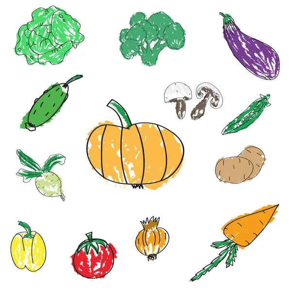 Conjunto de varios garabatos, dibujado a mano bocetos simples ásperos diferentes tipos de verduras . — Archivo Imágenes Vectoriales