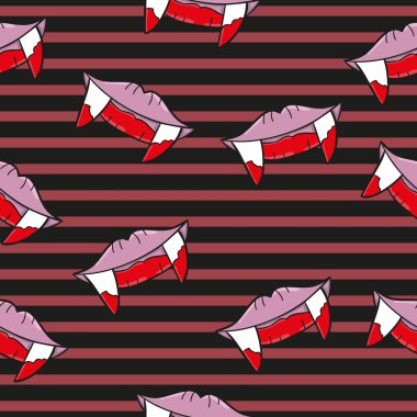 Köpek dişi vampira. Seamless modeli. Güzel dudaklar. Kadınlar. Cadılar Bayramı. Tasarımınız için etiket