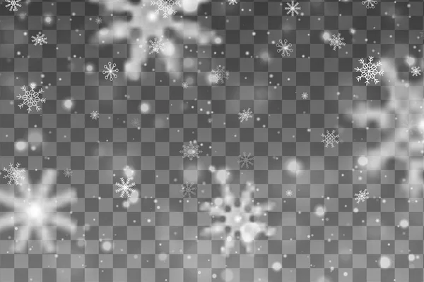 ライトを背景にブラックカード。クリスマスだ。降雪、雪。オーバーレイ・エフェクト。装飾デザインのための現実的な降雪。ベクトル隔離。寒気の影響. — ストックベクタ