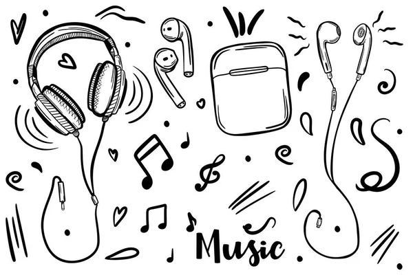 Retro karalama harfleri ve kulaklık çizimi. Vektör çizim simgesi. Grunge 'un geçmişi. Vektör sanatı. Çizgi sembolü Vektör grafik. Eski baskı.