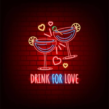 Neon işareti. Sevgililer Günü. Tüm aşıklar için bir tatil. Parlak mesaj. Kartpostalınız ya da pankartınız için koyu bir arkaplan üzerinde tasarım ögesi.