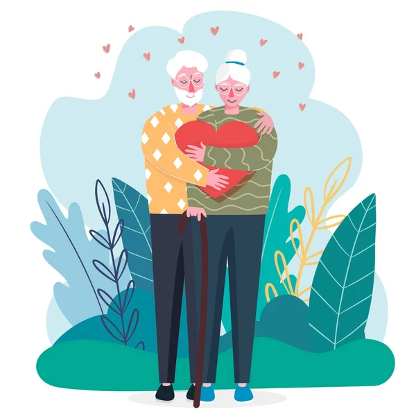 Saint Valentin Couple Personnes Âgées Amoureux Ils Embrassent Coeur Célébration — Image vectorielle