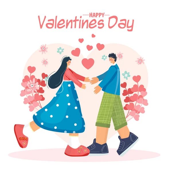 Valentine Day Loving Young Couple Hug Each Other Heart Celebration — Stock Vector