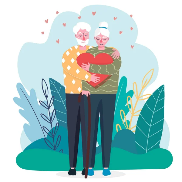 Saint Valentin Couple Personnes Âgées Amoureux Ils Embrassent Coeur Célébration — Image vectorielle