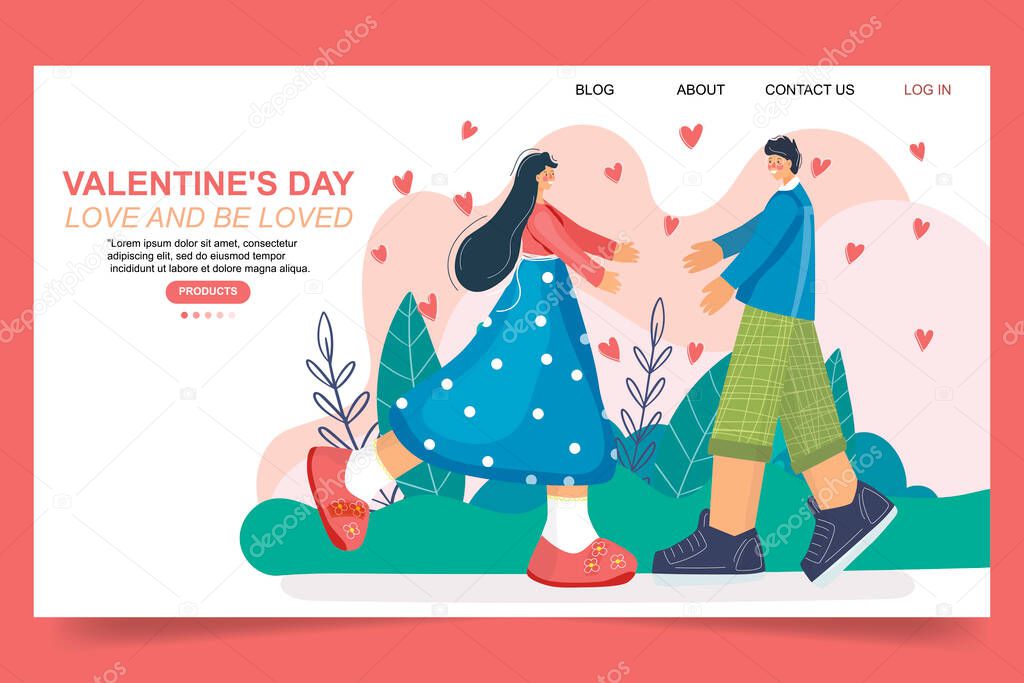 Valentine's Day. A loving young couple. They hug each other. Heart. Celebration of declaration of love. People in modern flat style. Hand drawing.