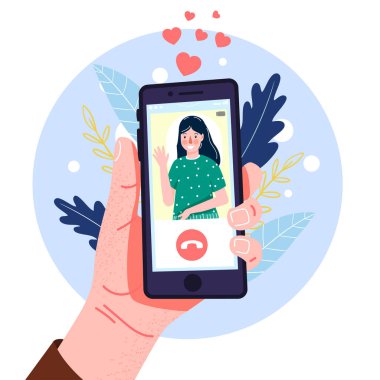 Telefonu eline al. Düz stil. El çizimi. Düz bir şekilde vektör illüstrasyonu. Sosyal ağlarla etkileşim. Çevrimiçi iletişim. Görüntülü arama. Uzaktan aşk. Toplantı sitesi. Tasarımın için..