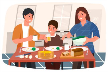 Genç bir aile kahvaltı yapıyor. Mutfağa. Yemek pişirmek. Modern düz tarzda vektör illüstrasyonu. İletişim. Tasarımın için..