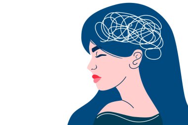 Depresyonda olan genç bir kadın. Düşünceler. Modern bir şekilde vektör illüstrasyonu. Tasarımın için..