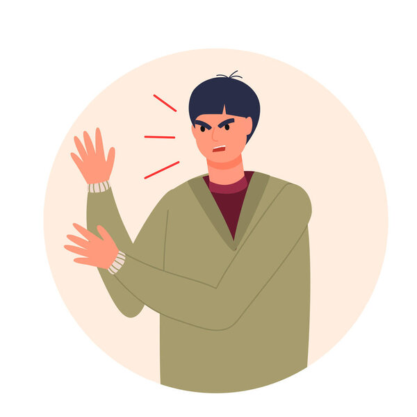 Молодой парень выражает эмоции гнева, ярости. обида, разочарование. Векторная иллюстрация в современном плоском стиле. Изолированный на белом фоне.