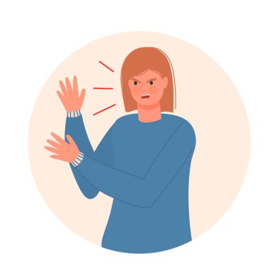 Düz modern tarzda öfkeli bir kız. Beyaz arka planda izole edilmiş. Olumsuz duyguları tecrübe etmek. Öfke. Hayal kırıklığı. Tasarımın için..