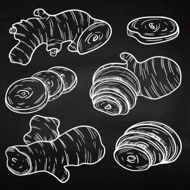 Tebeşir tahtasına zencefilli el çizimi. Faydalı bir sebze kökü. Bitkisel baharatlar. İşleme biçiminde resimleme.