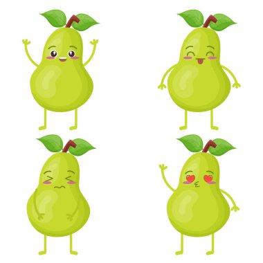 Şirin kawaii karakter armudu. Duygular. Meyve. Hazır ol. Beyaz arkaplanda izole.