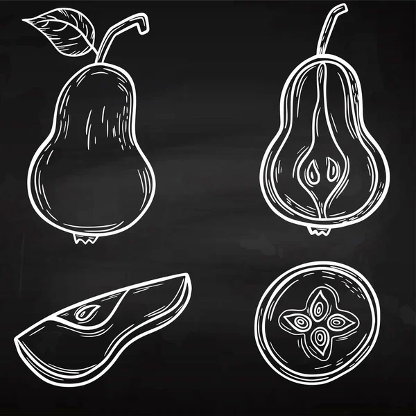 Pear on a chalk board. Set. Chalk drawing. Vector illustration for your design. Sketch.