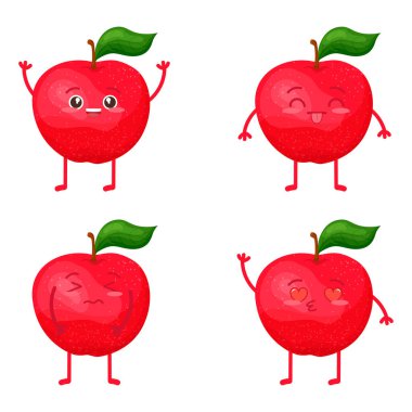 Kawaii karakteri elma. - Kırmızı. Farklı duygularla olgunlaşmış meyve. Çocuk ambalajı ve kartpostalları tasarlamak için. Meyve konsepti.