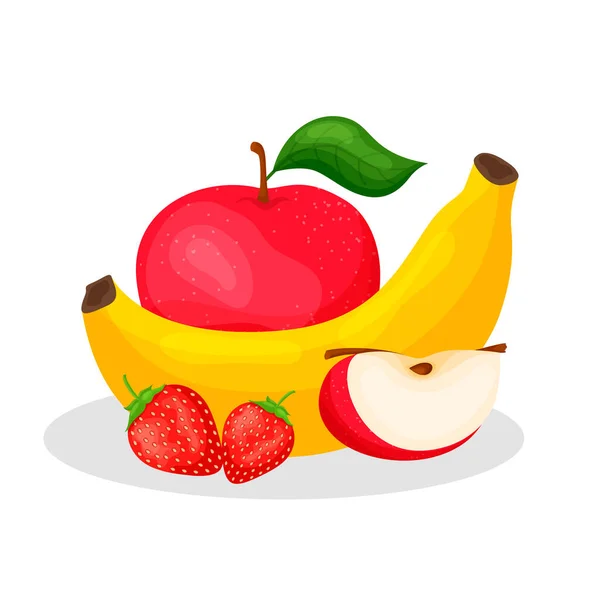 Banán Alma Eper Gyümölcs Reggeli Csemege Egészséges Ételek Ikon Rajzfilm — Stock Fotó