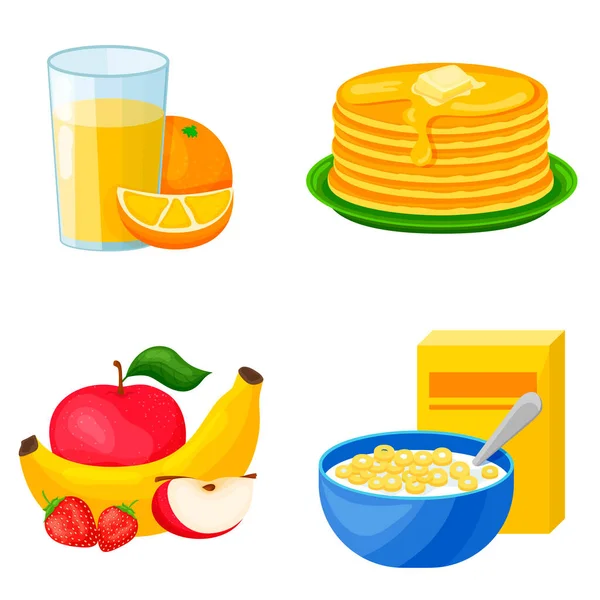Ställ Hälsosamma Frukostar Apelsinjuice Pannkakor Frukt Flingor Med Mjölk Ikon — Stockfoto