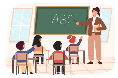 Kadın öğretmenler ve akademisyenler, çocuklar, oğlanlar ve kızlar. Sınıf. Okul için vektör illüstrasyonu. Çağdaş tarz. Sevimli karakter.