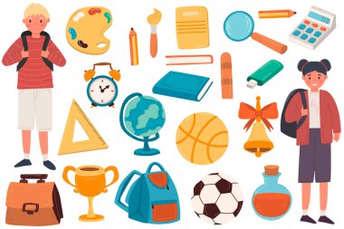 Okula dönüyorum. Okul gereçleri, sırt çantası, kırtasiye malzemeleri, kitaplar, bir kalem, bir cetvel. Tatlı karakterli kız ve erkek..