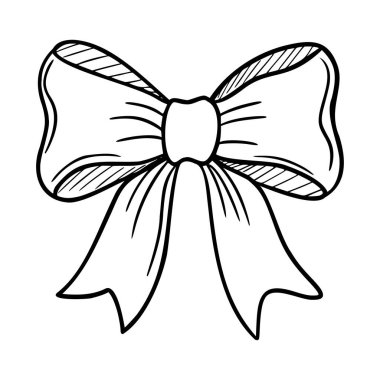 A simple black and white illustration of a decorative bow. The bow features a central knot and flowing ribbon ends, suitable for gift wrapping or design elements.