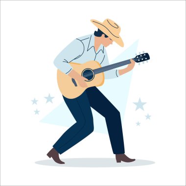 A young Caucasian man plays an acoustic guitar while wearing a cowboy hat. He is dressed in a light blue shirt and dark pants, performing energetically.