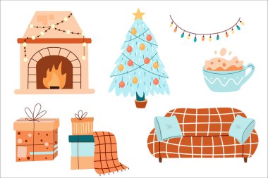 A cozy winter scene featuring a decorated Christmas tree, a warm fireplace, gifts, a cup of hot cocoa, and a comfortable couch with a blanket.