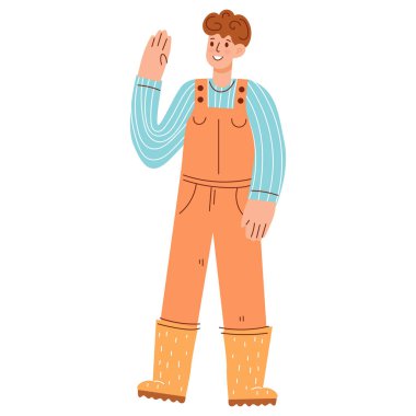 Kıvırcık kahverengi saçlı, beyaz bir adam. Turuncu tulumlar ve sarı lastik botlar giyiyor. Dostane bir duruş sergiliyor. Arkaplan basit ve hafif.